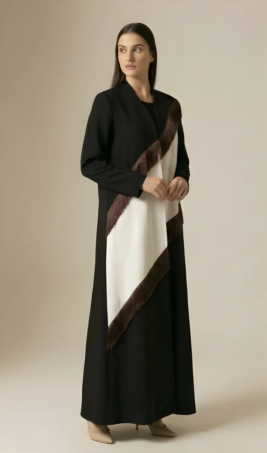 Fringe Abaya in black and white